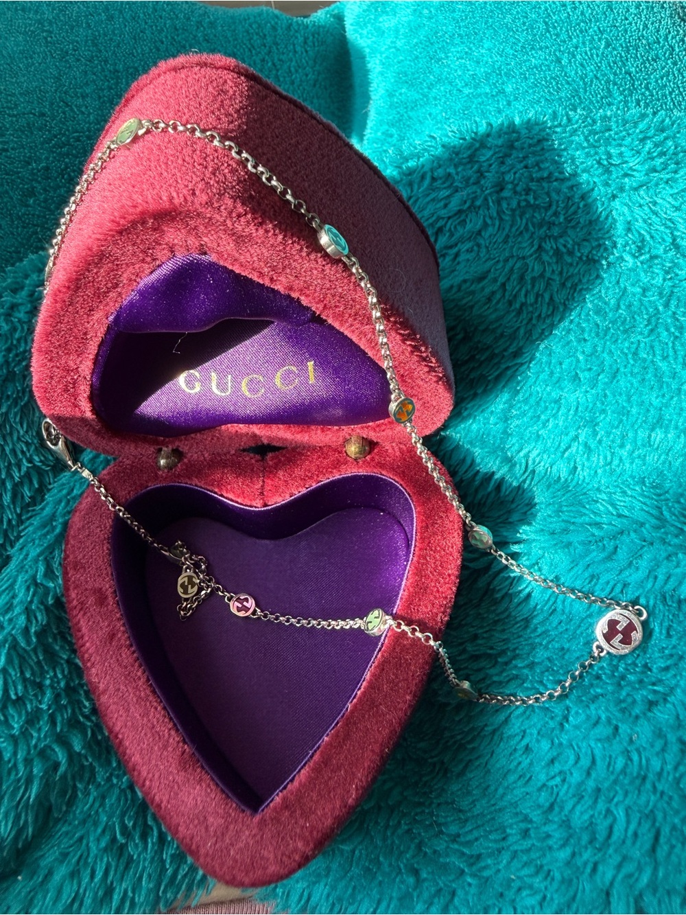 Gucci Silver color Disc Station Necklace - Red and Gold Accents